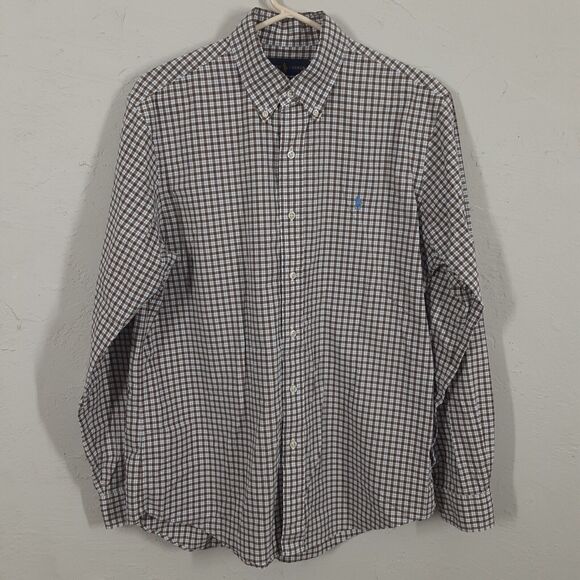 Ralph Lauren Adult Mens M Stretch Brown Plaid Long Sleeve Button Up Shirt - Picture 1 of 8